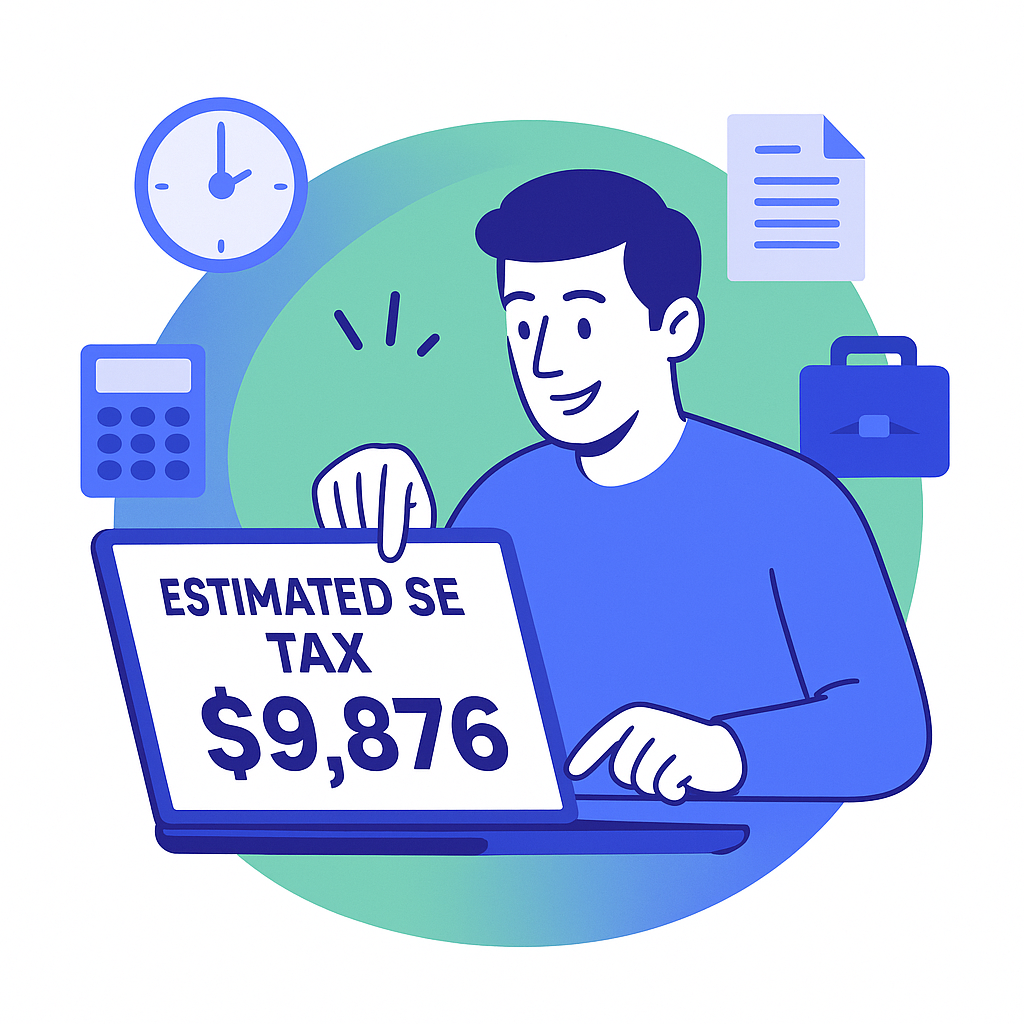 Illustration of a person pointing to a laptop screen that shows an 'Estimated SE Tax' of $9,876.