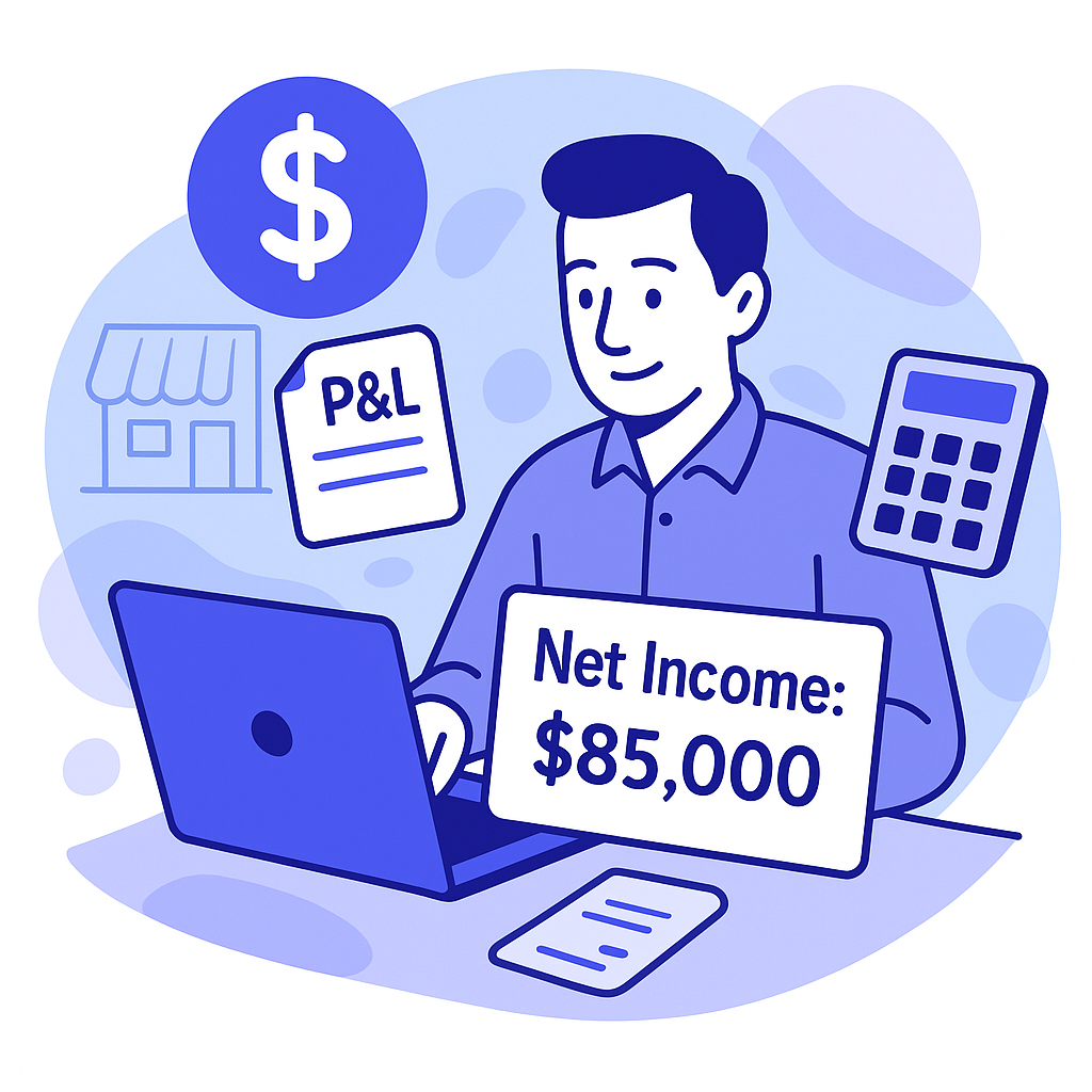Illustration of a business owner at a laptop holding a sign that shows a 'Net Income' of $85,000.