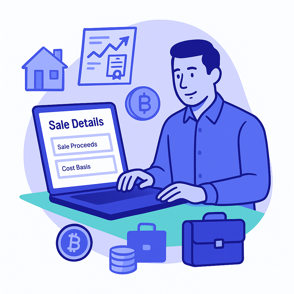 Illustration of a person entering 'Sale Details' into a calculator, with input fields for 'Sale Proceeds' and 'Cost Basis'.