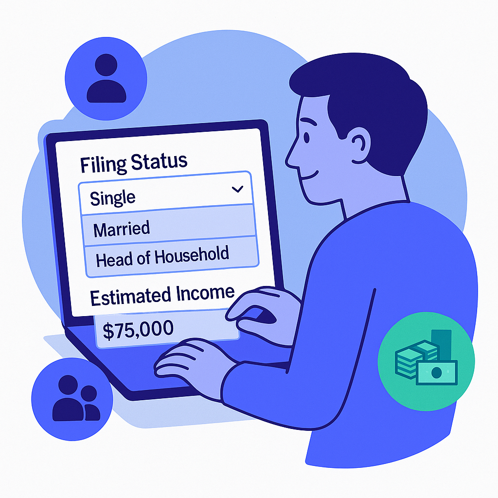 Illustration of a person entering their tax information. The screen shows a dropdown for 'Filing Status' and an 'Estimated Income' of $75,000.