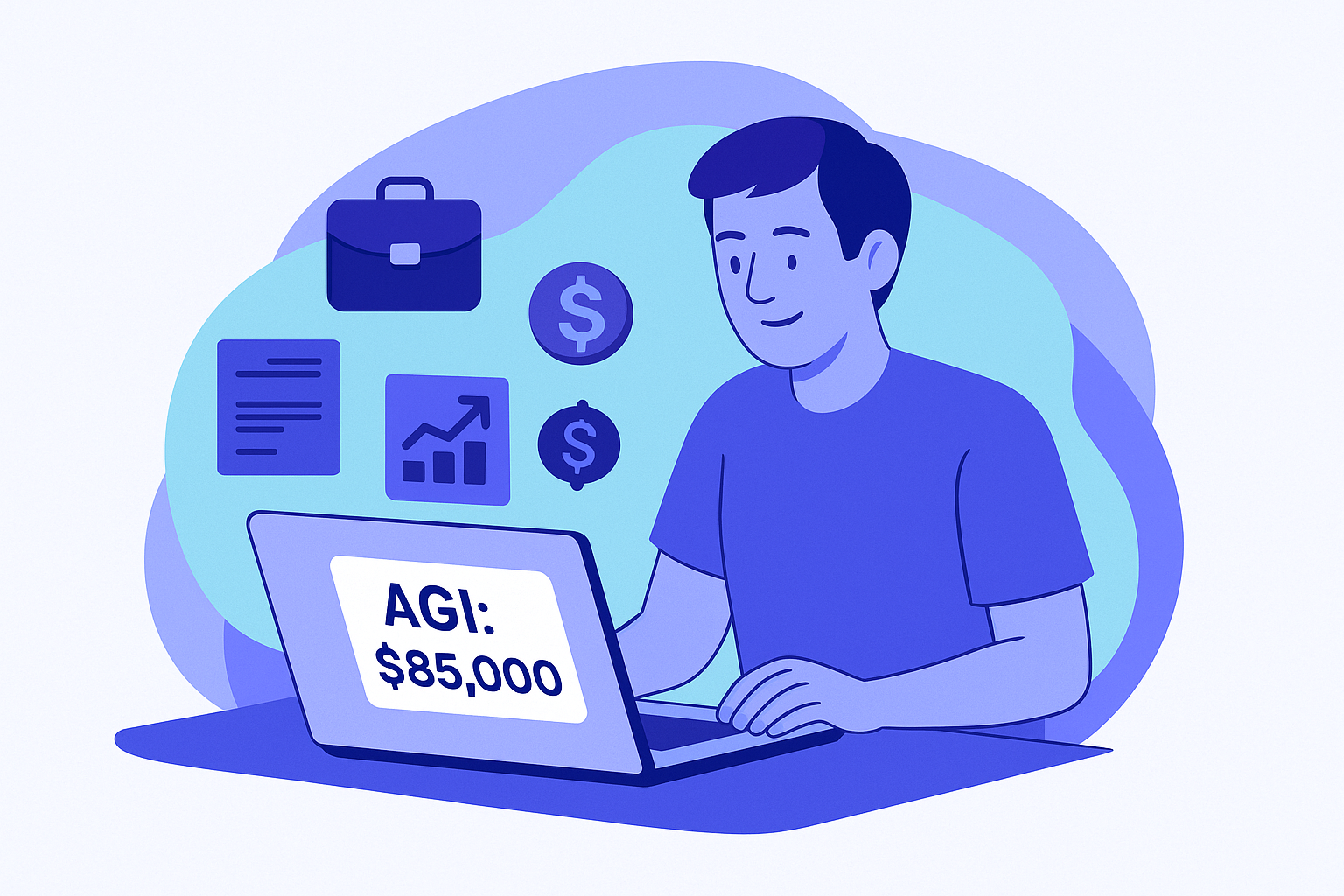 Illustration of a person at a laptop showing their AGI (Adjusted Gross Income) is $85,000.