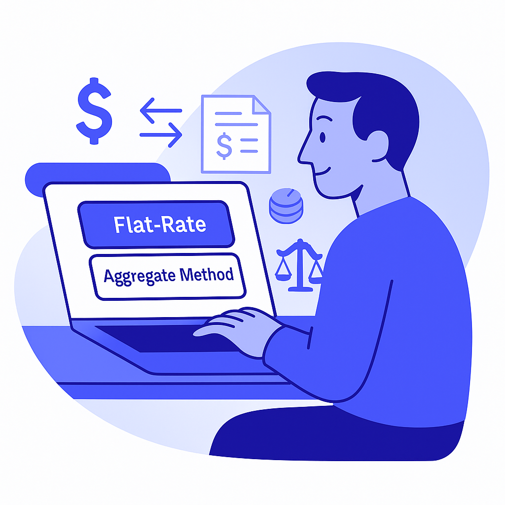 Illustration of a person at a laptop choosing between two bonus tax calculation methods: 'Flat-Rate' and 'Aggregate Method'.