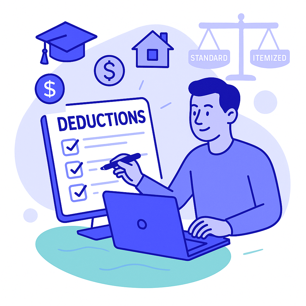 Illustration of a person checking off a list of tax 'Deductions'. Background icons represent common deductions like student loans, mortgage interest, and the choice between Standard and Itemized deductions.